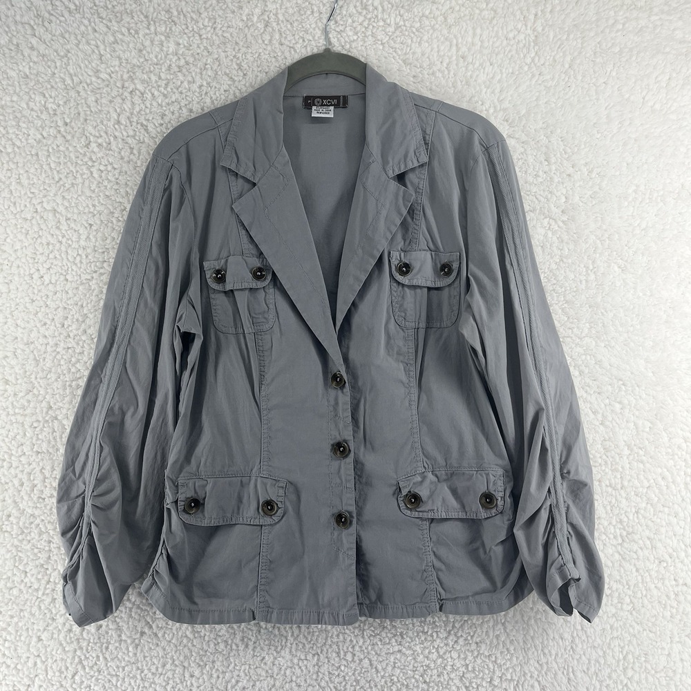 XCVI Gray Lightweight Utility Style Jacket Blazer‎ Women's Large Ruched Sleeves